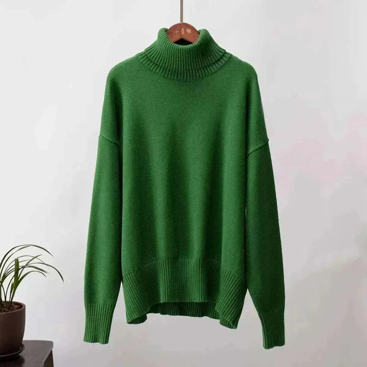 Women Wearing Dark Green Sweater Autumn Winter New High Neck 