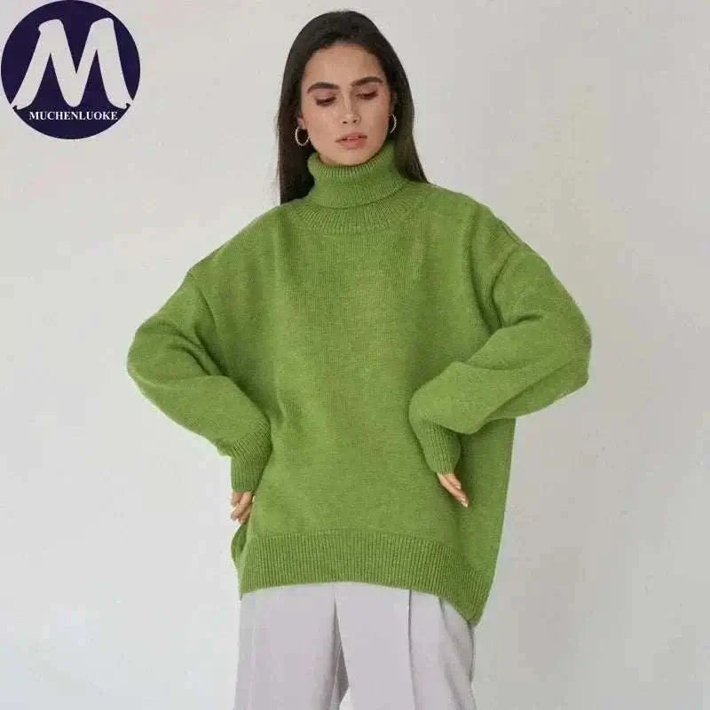 Women Wearing Fruit Green Sweater Autumn Winter New High Neck