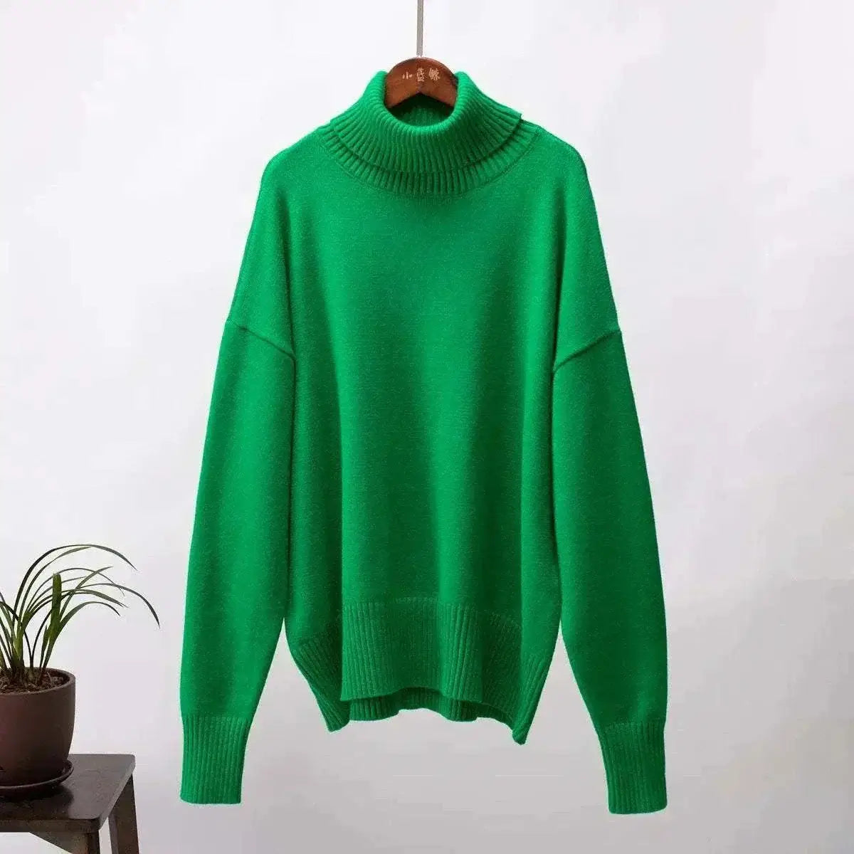 jumpers offers Women Wearing Green Sweater Autumn Winter New High Neck 