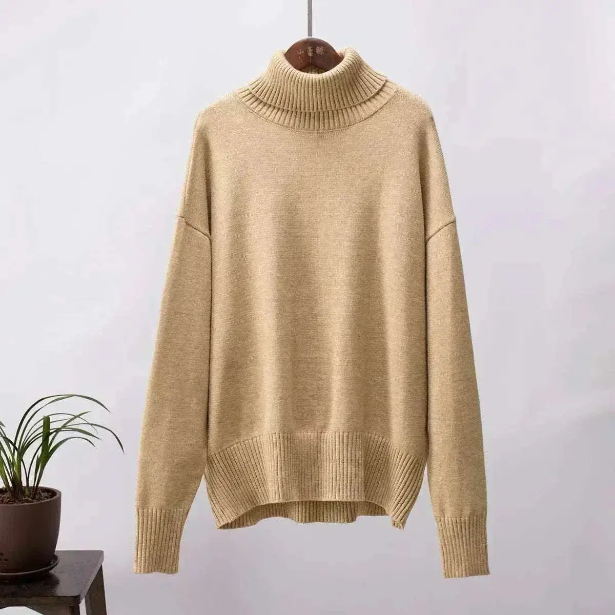 Women Wearing Khaki Sweater Autumn Winter New High Neck