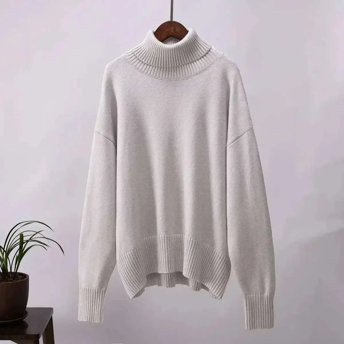Women Wearing Light Grey Sweater Autumn Winter New High Neck 