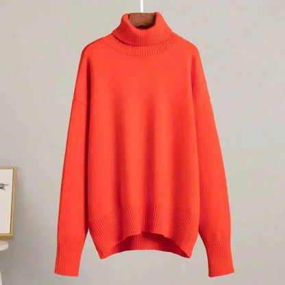 Women Wearing Orange-Red Sweater Autumn Winter New High Neck 