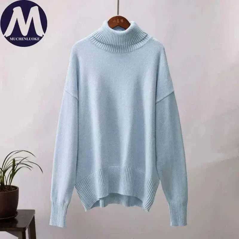 jumpers offers Women Wearing Sky Blue Sweater Autumn Winter New High Neck