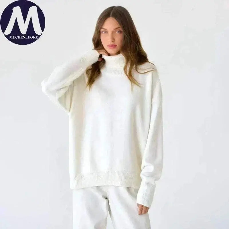 Women Wearing White Sweater Autumn Winter New High Neck