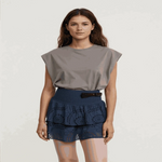Women Model In Blue Y2K Ruffle Layered Hollow Mini Skirt