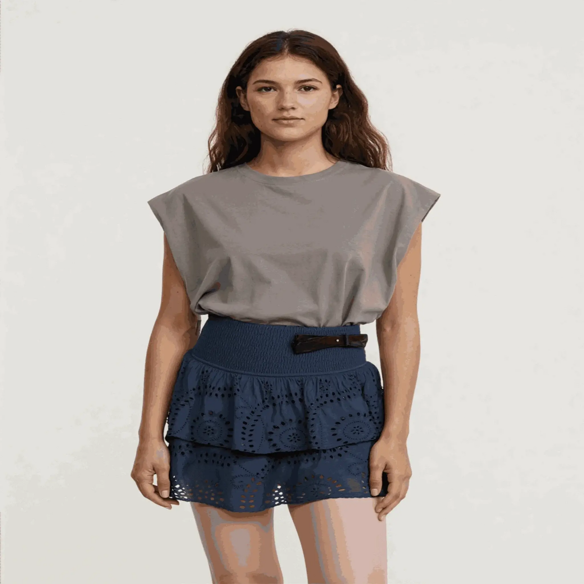 Women Model In Blue Y2K Ruffle Layered Hollow Mini Skirt