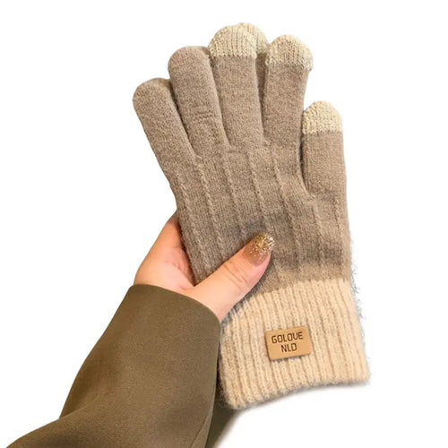 Women's Cable Knit Khaki Gloves Warm 