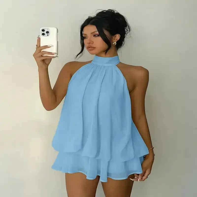 ladies dresses uk, Women's Halter Neck Dress, Backless Tie-Front Chiffon Blue