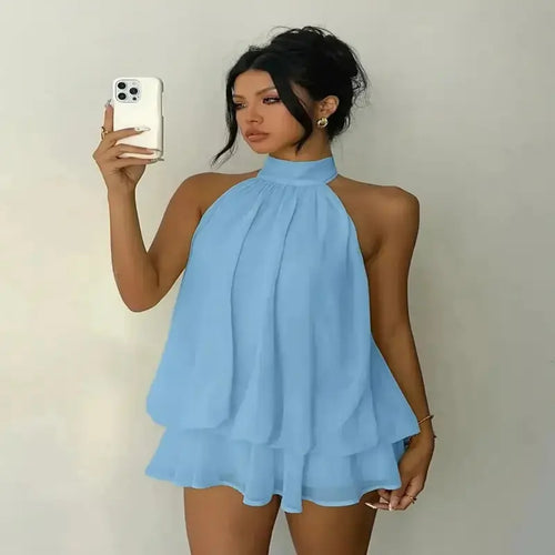 ladies dresses uk, Women's Halter Neck Dress, Backless Tie-Front Chiffon Blue