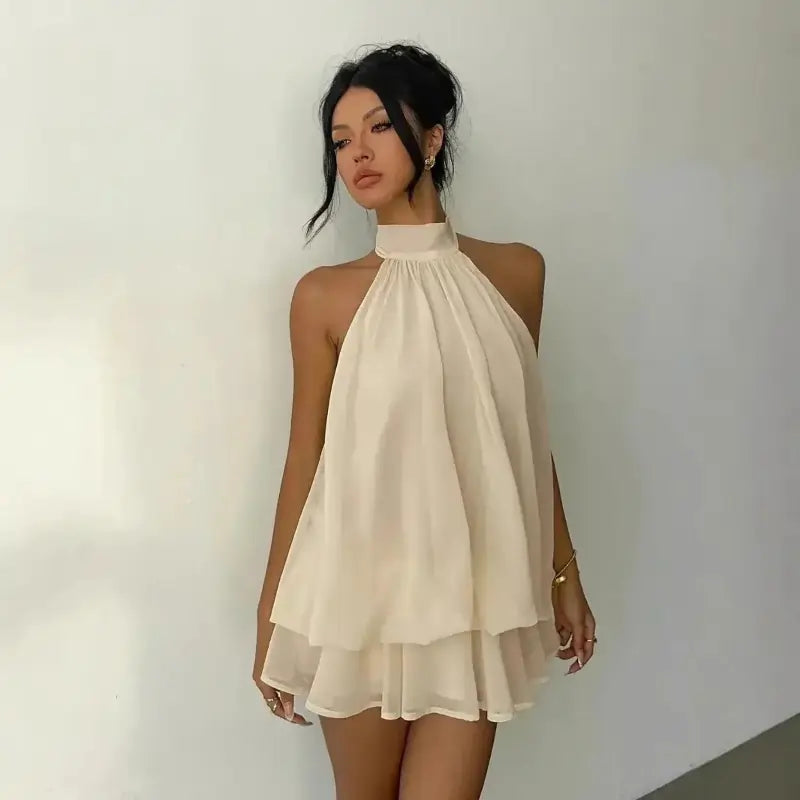 ladies dresses uk,  Women's Halter Neck Dress, Backless Tie-Front Chiffon Khaki