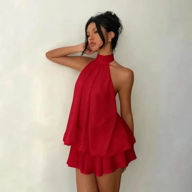 ladies dresses uk, Women's Halter Neck Dress, Backless Tie-Front Chiffon Red