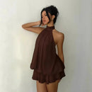 ladies dresses uk | Women's Halter Neck Dress, Backless Tie-Front Chiffon chocolate