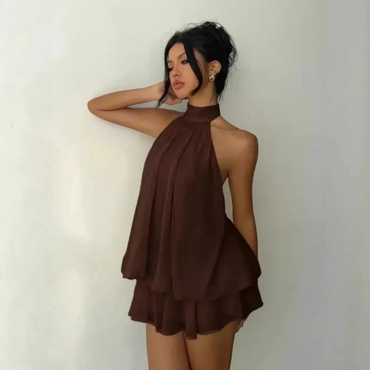 ladies dresses uk | Women's Halter Neck Dress, Backless Tie-Front Chiffon chocolate