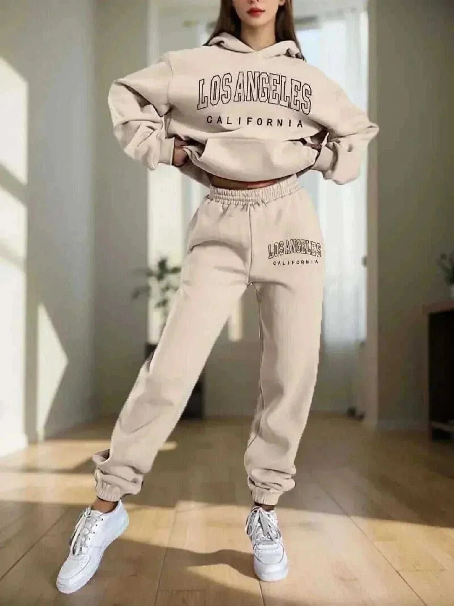 Women's Hoodies Khaki Two Pieces Sets Fashion Letter Print Pullover Sweatpants