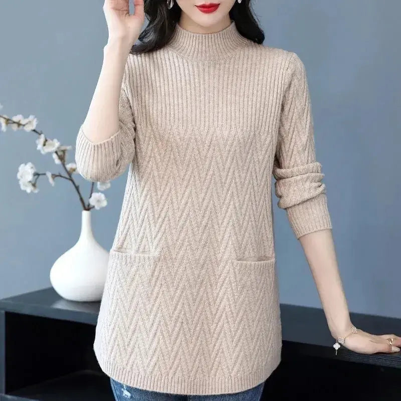 Women's Sweaters Apricot Pullover  New Solid Half High Collar Thick Warm