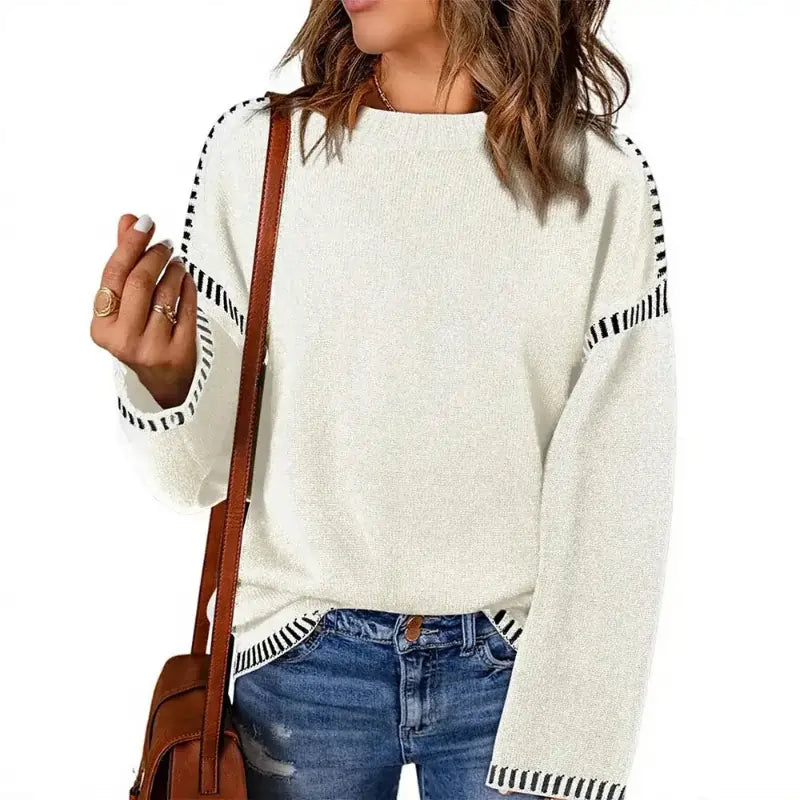 jumpers , Women's Sweaters Autumn Winter 2025 Long Sleeve Round Neck Ash White