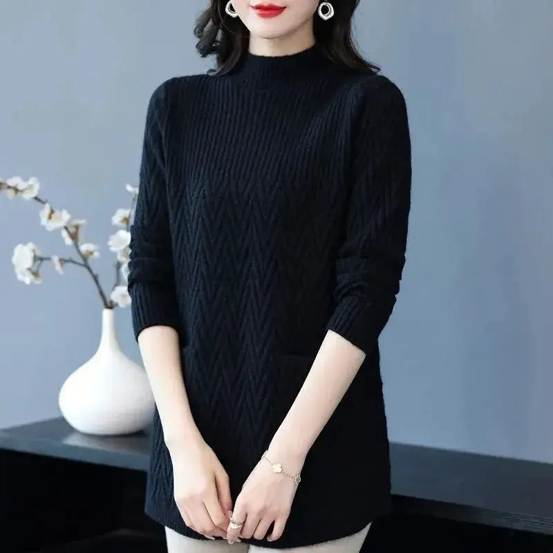 Women's Sweaters Black Pullover  New Solid Half High Collar Thick Warm