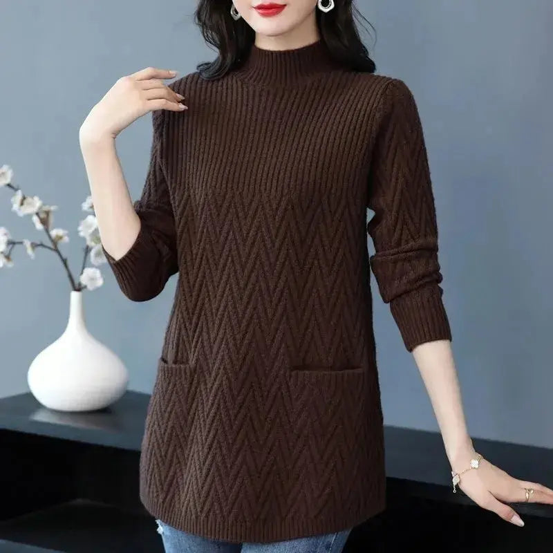 Women's Sweaters Coffee Pullover  New Solid Half High Collar Thick Warm