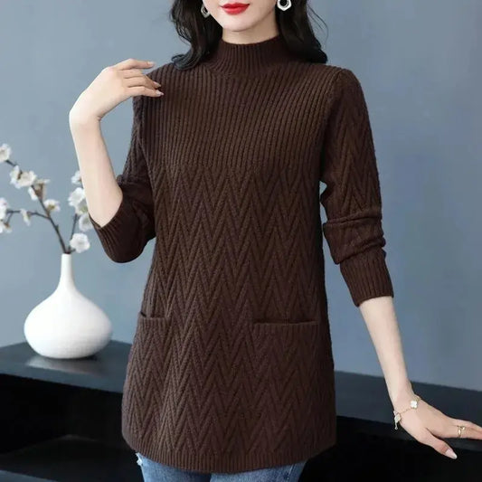 Women's Sweaters Coffee Pullover  New Solid Half High Collar Thick Warm
