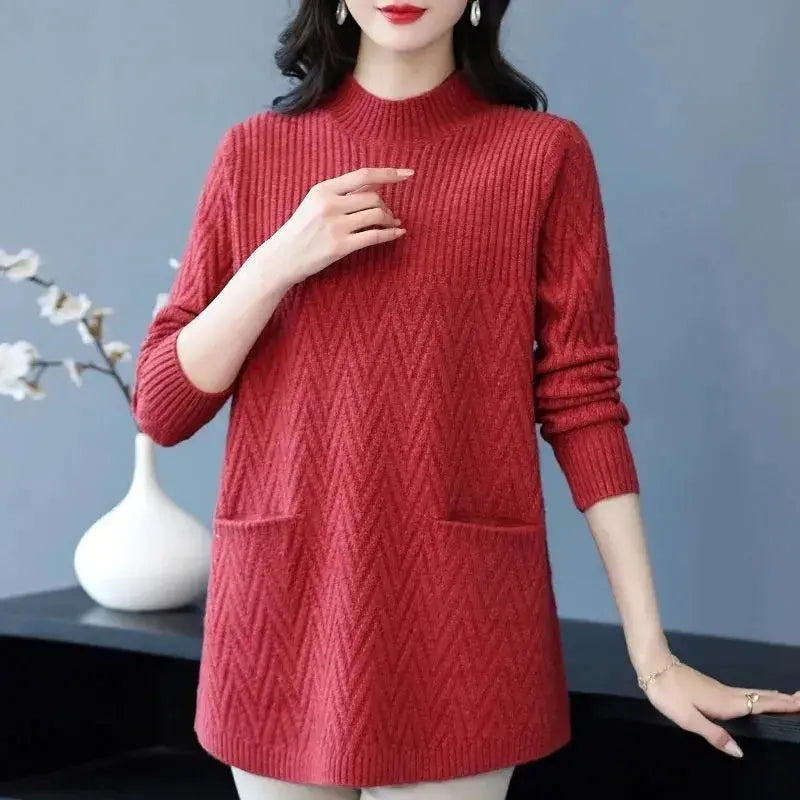 Women's Sweaters Red Pullover  New Solid Half High Collar Thick Warm
