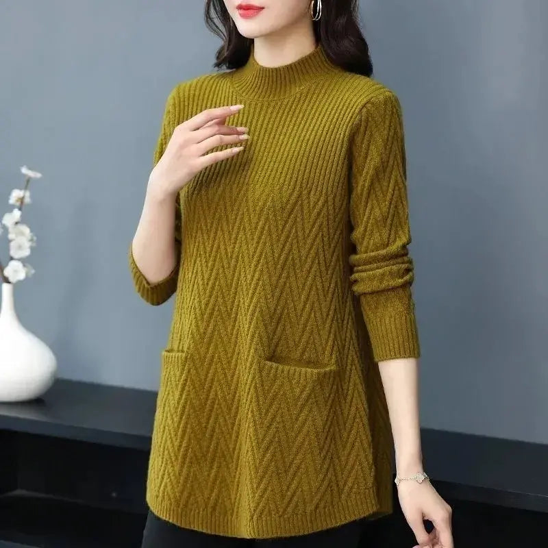 Women's Sweaters Yellow Pullover  New Solid Half High Collar Thick Warm