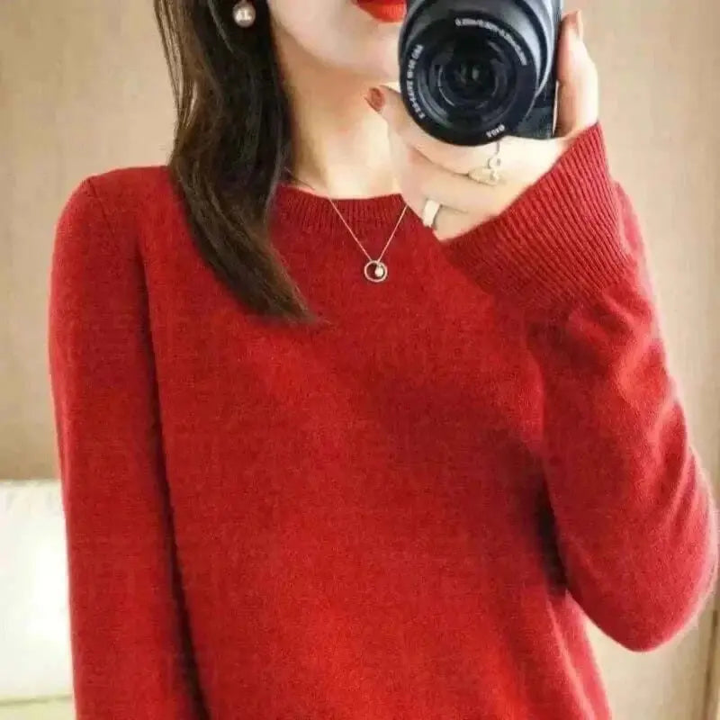 Women's Warm Sweater Round Neck Pullover Red