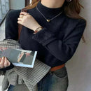 jumpers, Women's Wearing Dark Grey Turtleneck Sweater Winter 2025 Retro with Velvet Lining