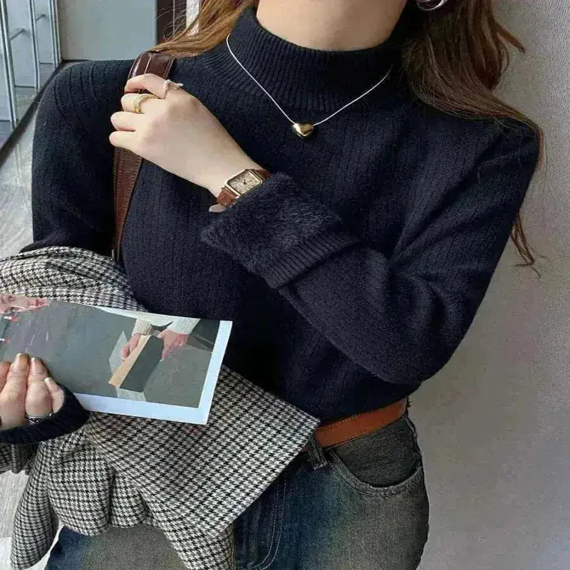 jumpers, Women's Wearing Dark Grey Turtleneck Sweater Winter 2025 Retro with Velvet Lining