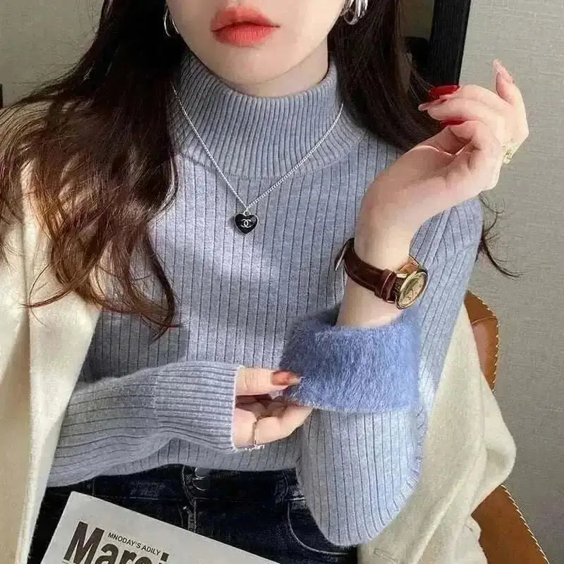 jumpers offers Women's Wearing Blue Gray Turtleneck Sweater Winter 2025 Retro with Velvet Lining