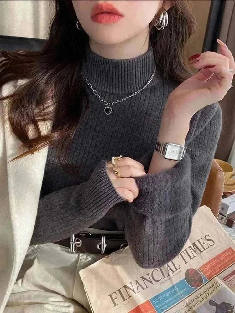 jumpers, Women's Wearing Dark Grey Turtleneck Sweater Winter 2025 Retro with Velvet Lining