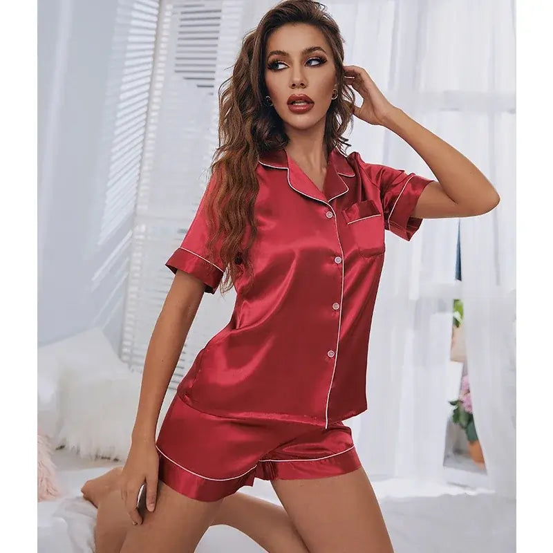 womens pyjamas uk | Womens Silk Satin Pajamas Set Short Sleeve Two-piece Red