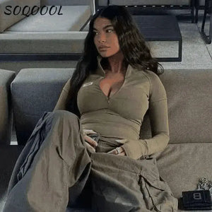 Y2K Long Sleeve Zip Crop Top for Women