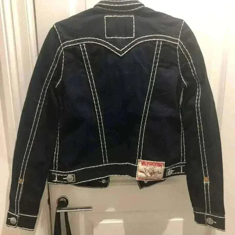 denim jackets uk offers Streetwear Vintage Black Buddha Head Denim Jacket Back View