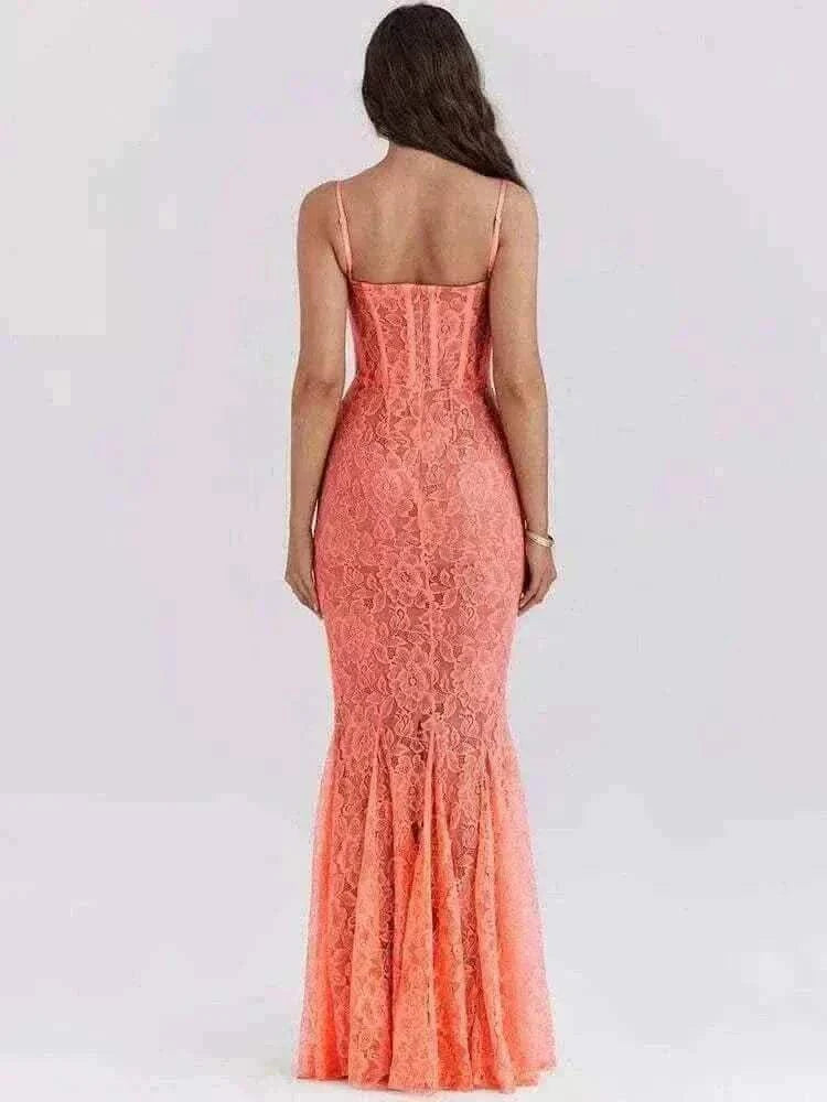 dress online uk, Women Wearing Mozision Floral Lace Sexy Maxi Dress back view