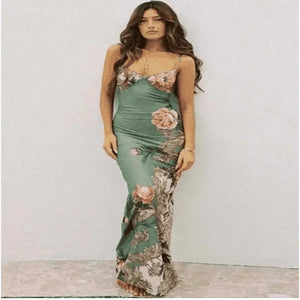 dress online uk , Women Wearing  Green Floral Print Summer Blue Dress Fashion Casual