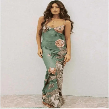 dress online uk , Women Wearing  Green Floral Print Summer Blue Dress Fashion Casual