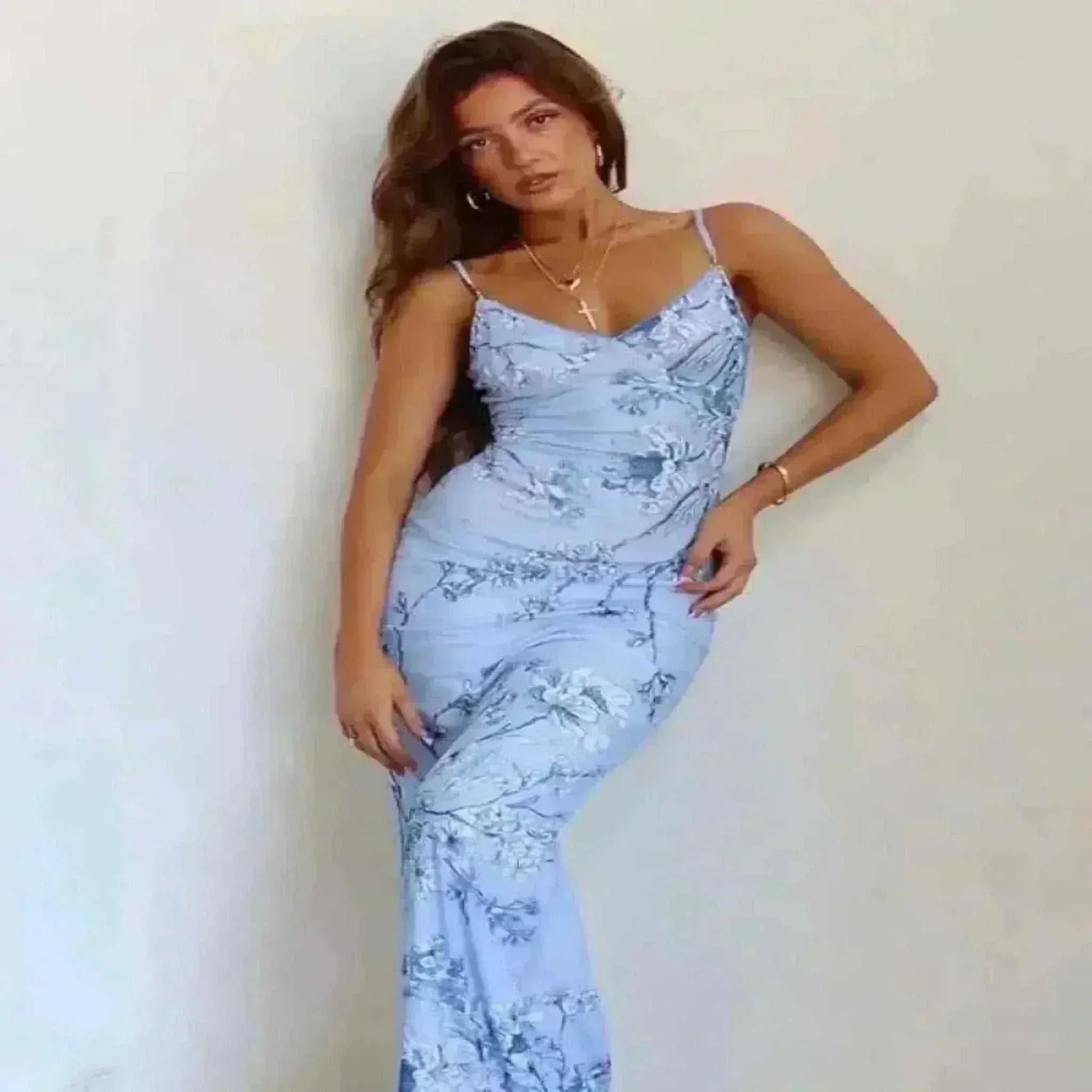 dress online uk offers Women Wearing Floral Print Summer Blue Dress Womens Fashion Casual