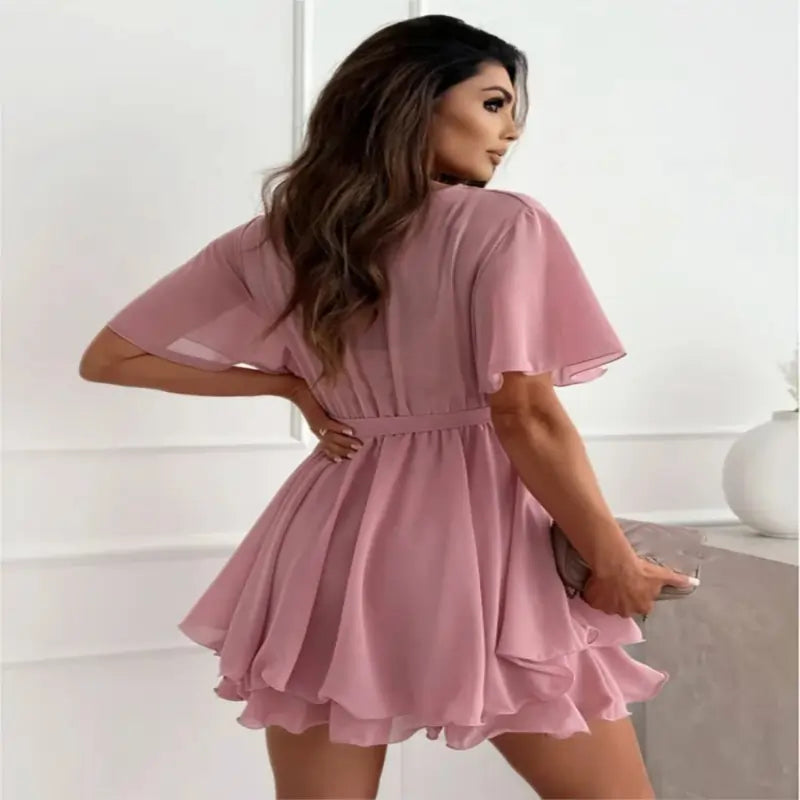 women dresses uk | Women Dress Summer V-neck Cross Strap Back View Pink