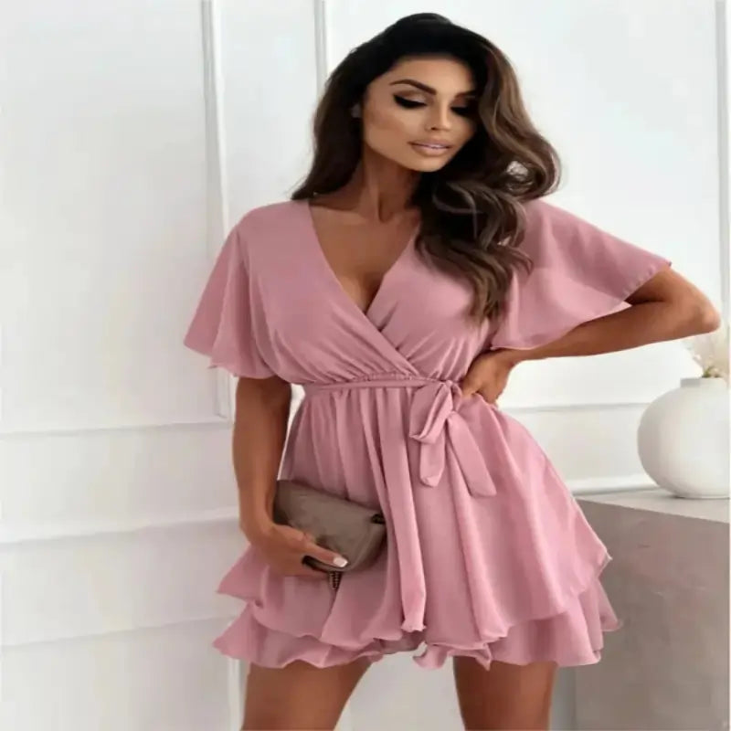 women dresses uk | Women Dress Summer V-neck Cross Strap Pink