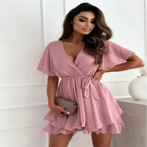 women dresses uk | Women Dress Summer V-neck Cross Strap Pink