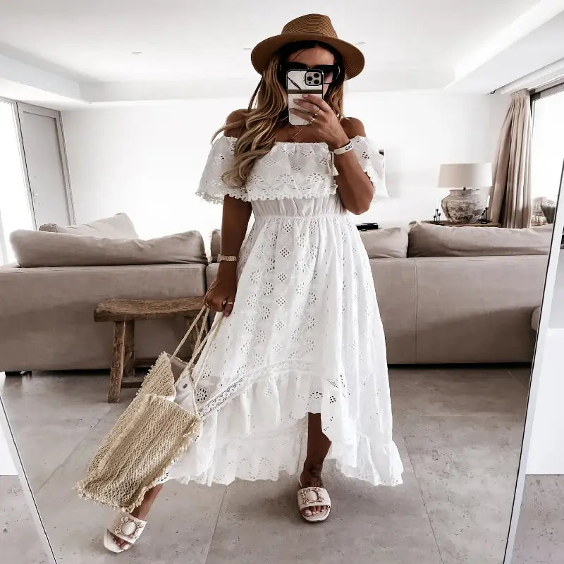 dresses uk | Women Short Sleeve High Waist V-Neck Long Casual Ruffle White Dress