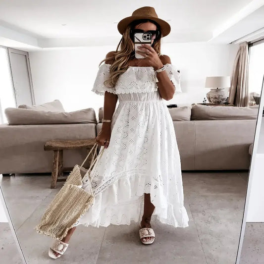 dresses uk | Women Short Sleeve High Waist V-Neck Long Casual Ruffle White Dress