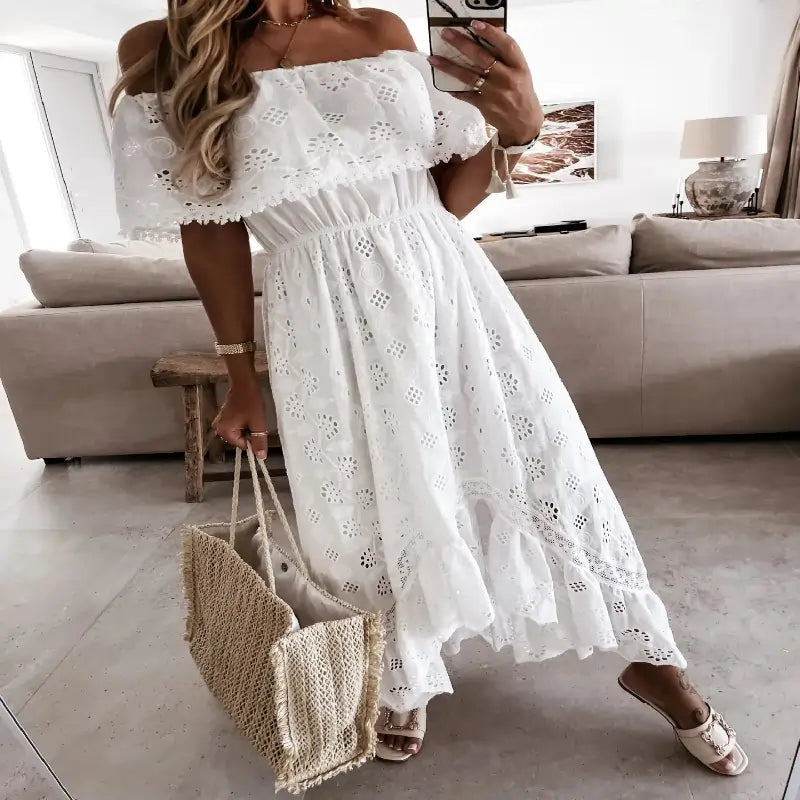 dresses uk | Women Short Sleeve High Waist V-Neck Long Casual Ruffle White Dress Different Pose