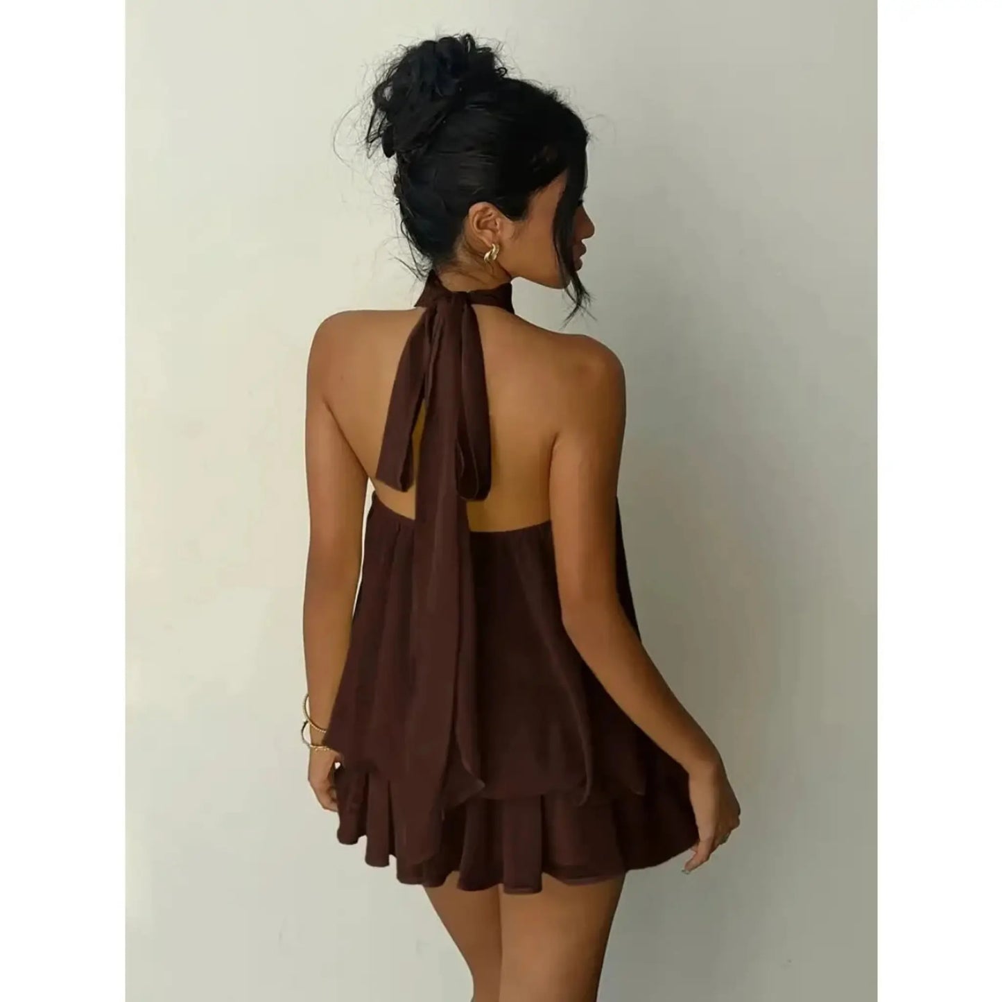 ladies dresses uk, Women's Halter Neck Dress, Backless Tie-Front Chiffon Brown Back View