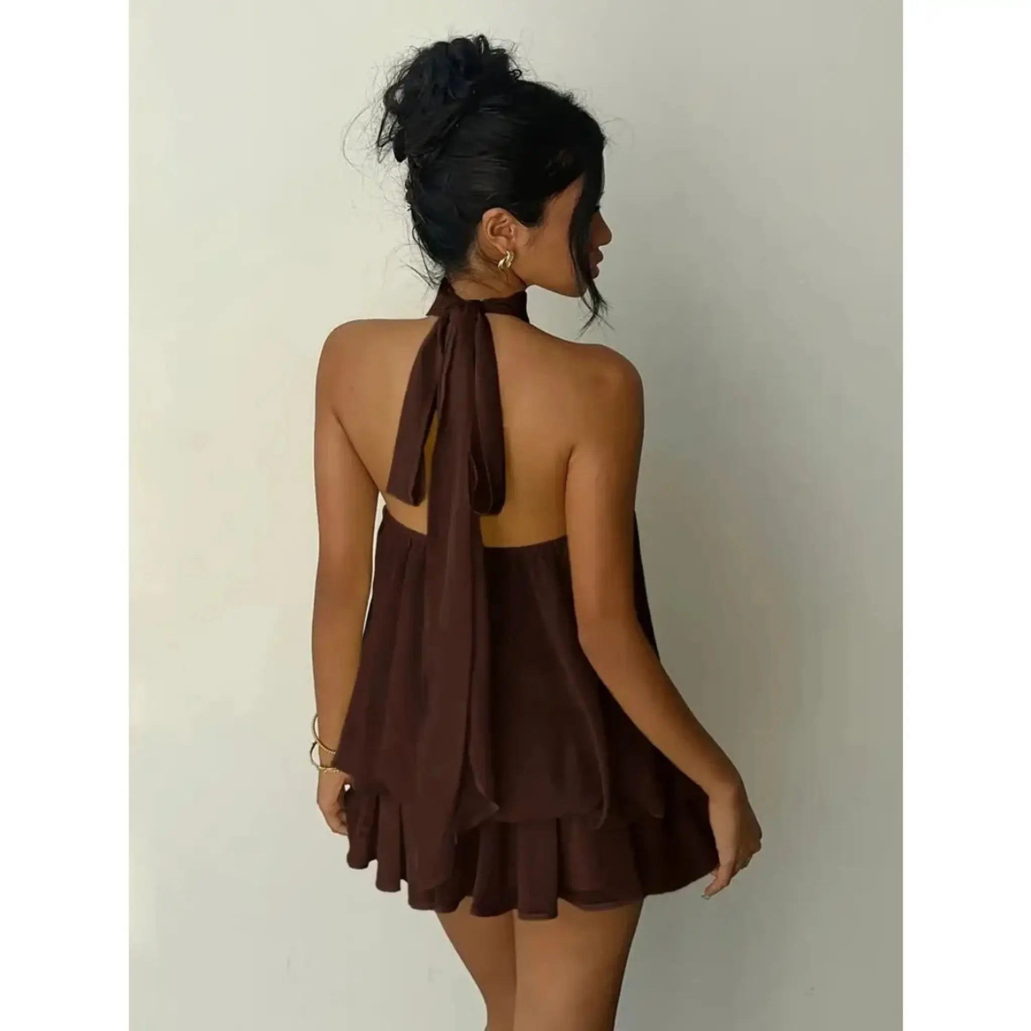 ladies dresses uk, Women's Halter Neck Dress, Backless Tie-Front Chiffon Brown Back View
