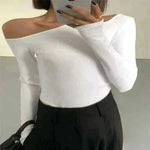 ladies summer tops uk, Women Wearing White Fashion Skew Collar Off-shoulder Long-sleeved T-shirts