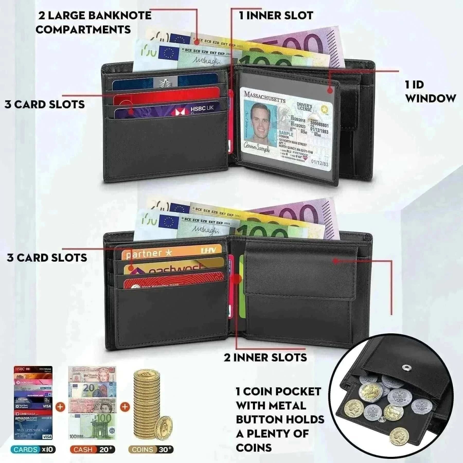 Men's Leather Wallets-Genuine Leather Wallet Men Classic Black Soft Purse Coin Pocket Credit Card Holder.