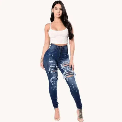 HOLE Denim Women 2024 High Waist Ripped Jeans for Women Skinny Black Pockets Jeans Woman Elastic Slim Jean Female Femme Pants.
