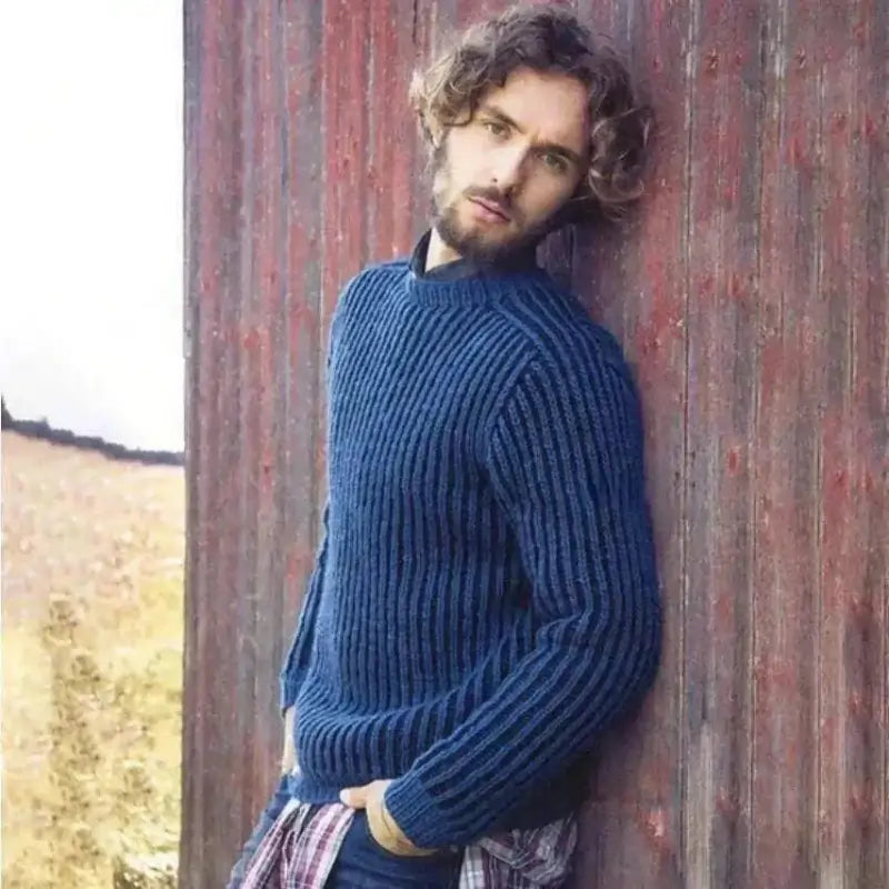 sweaters- Man Wearing Blue Sweater Long Sleeve Straight Round Pullover