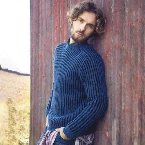 sweaters- Man Wearing Blue Sweater Long Sleeve Straight Round Pullover